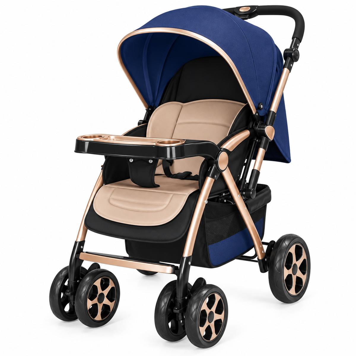 Infant pushchair with metallic gold-tone frame, tan seat and black wheel system