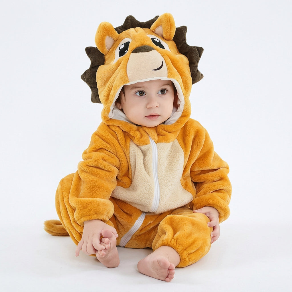 Golden-yellow baby lion jumpsuit featuring a brown mane and cream tummy panel.