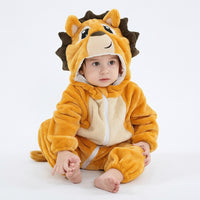 Golden-yellow baby lion jumpsuit featuring a brown mane and cream tummy panel.