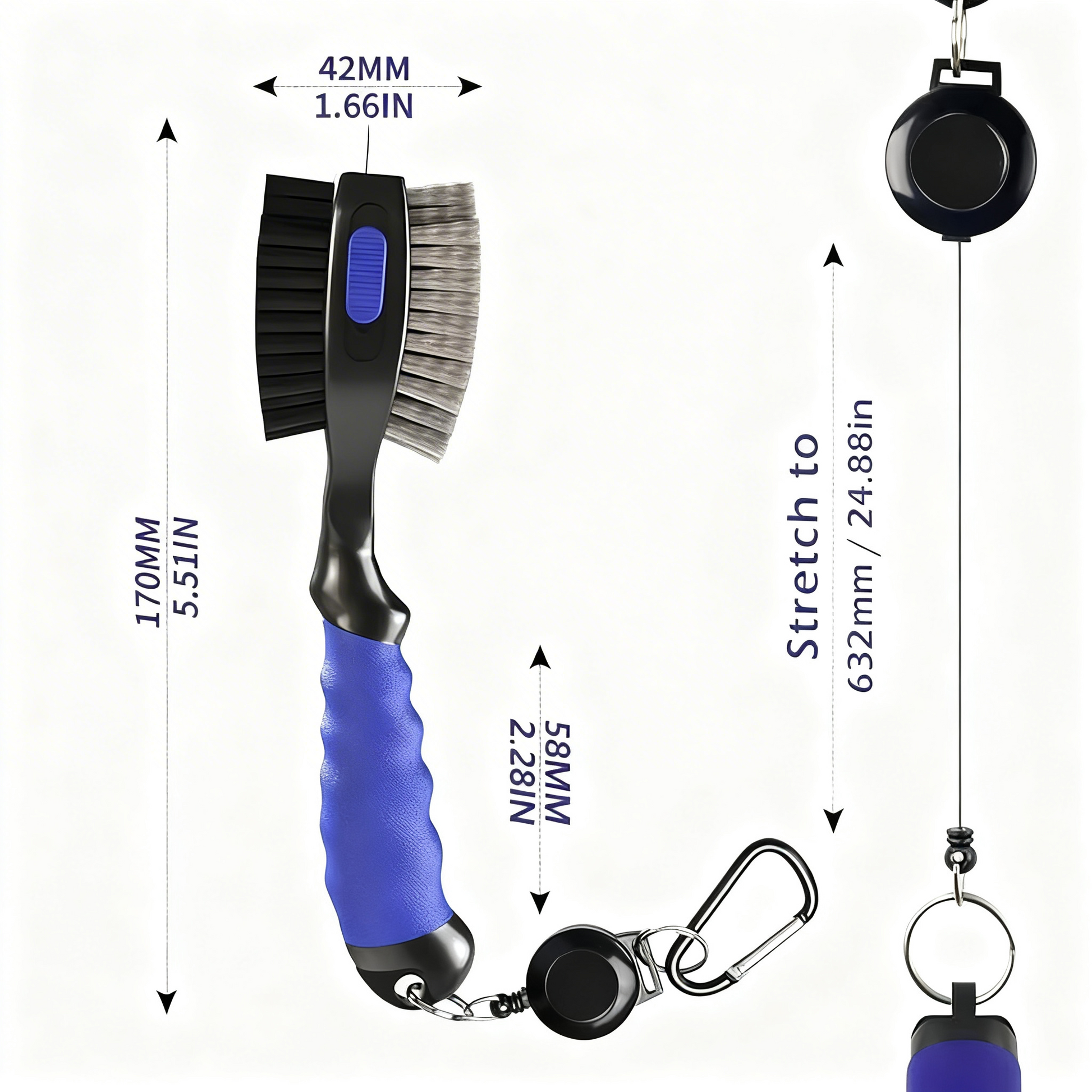 Golf club brush with retractable zipline and groove cleaner
