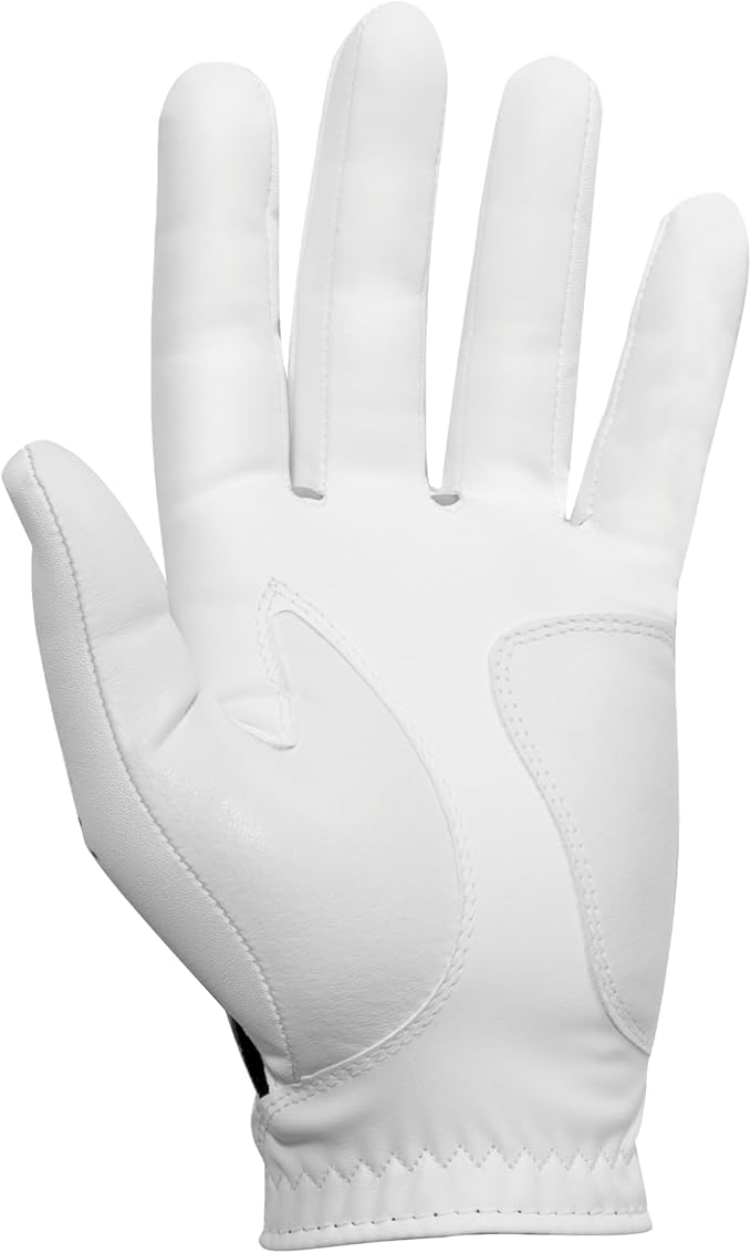 Side angle of golf glove worn on hand demonstrating natural fit