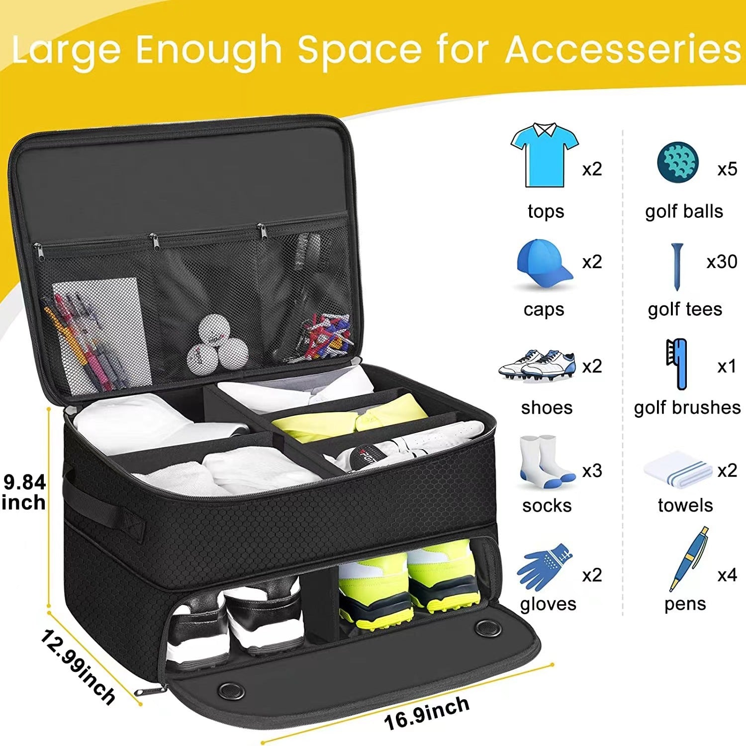 Large capacity golf storage organizer for balls tees and clothes