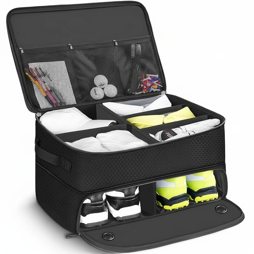 Golf trunk organizer with ventilated shoe compartments for storage