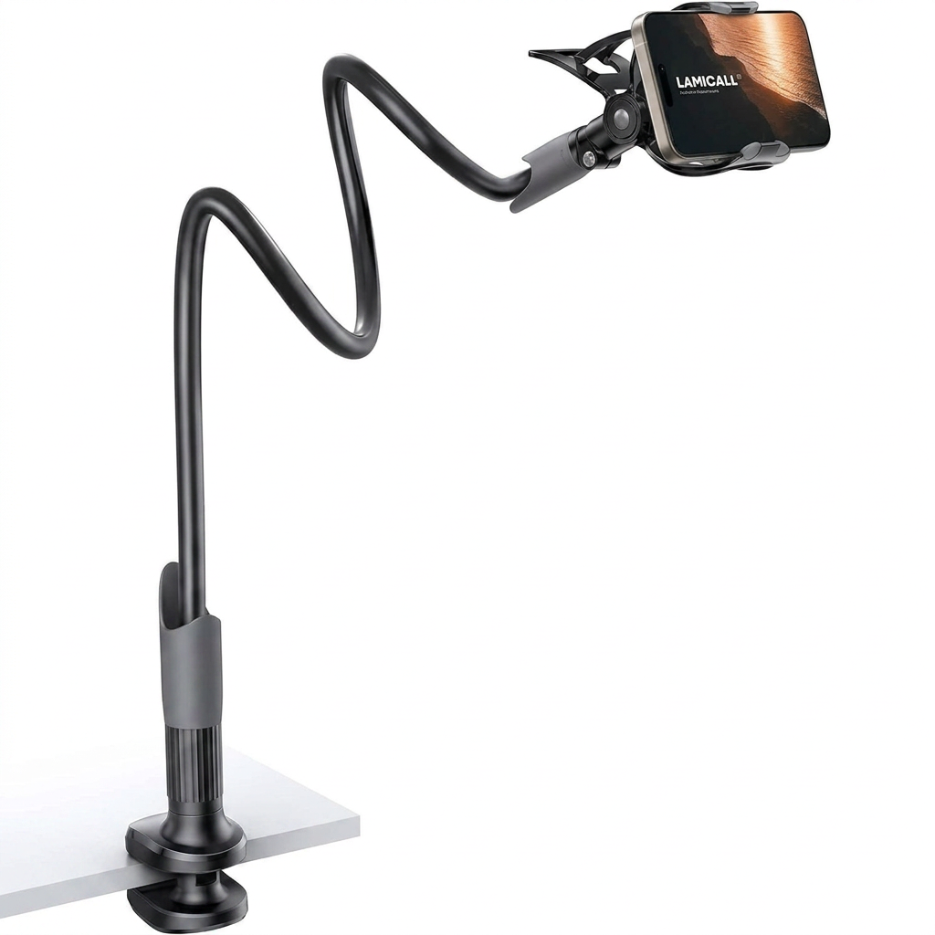 Gooseneck phone holder for bed with clamp mount
