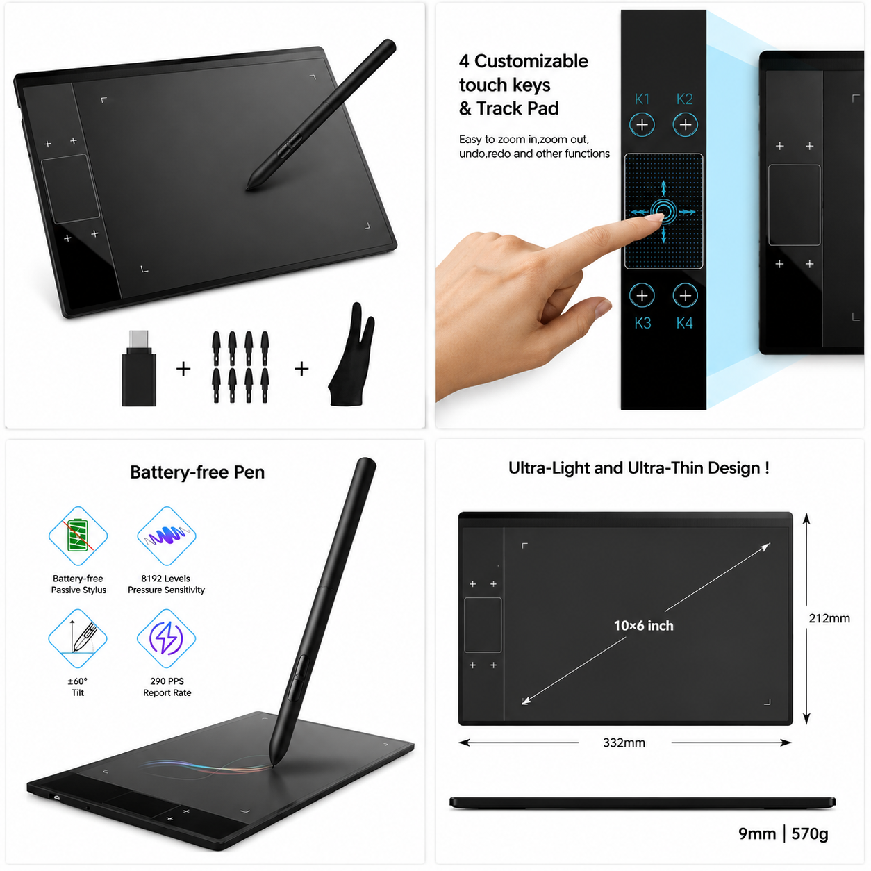 Drawing tablet with touch gesture pad and shortcut hotkeys