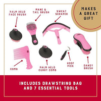 Gray and pink horse care accessories with bag
