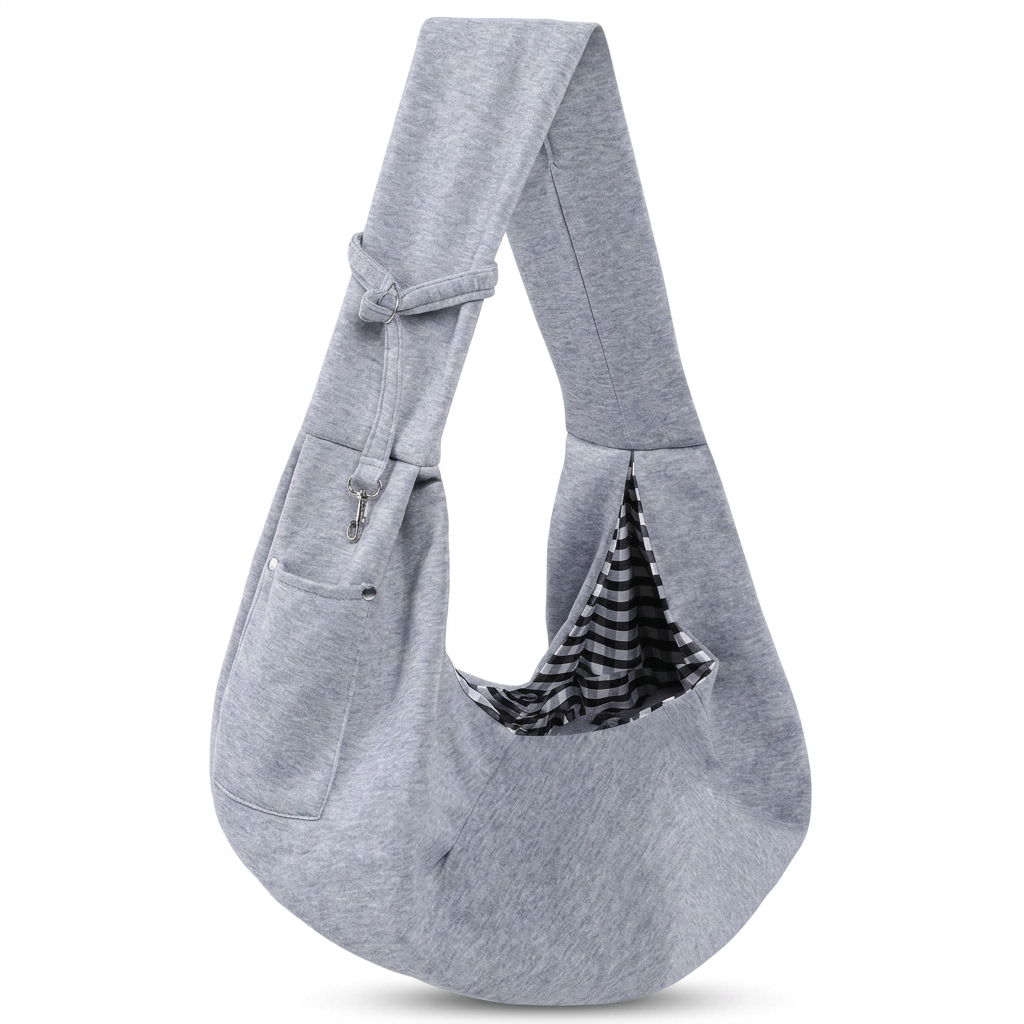Gray reversible pet carrier sling with storage pocket