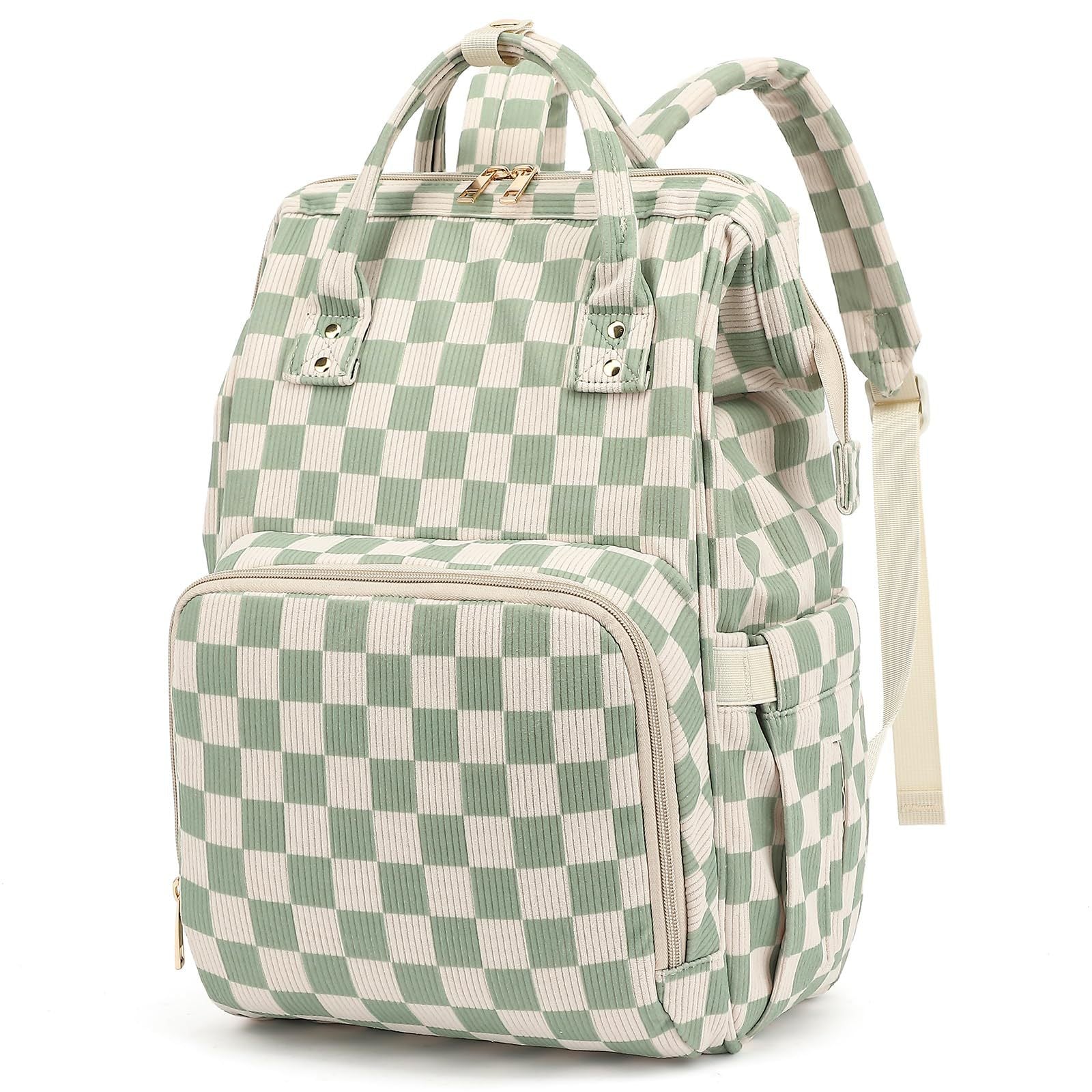 Front view of a sage green and white checkered corduroy diaper backpack