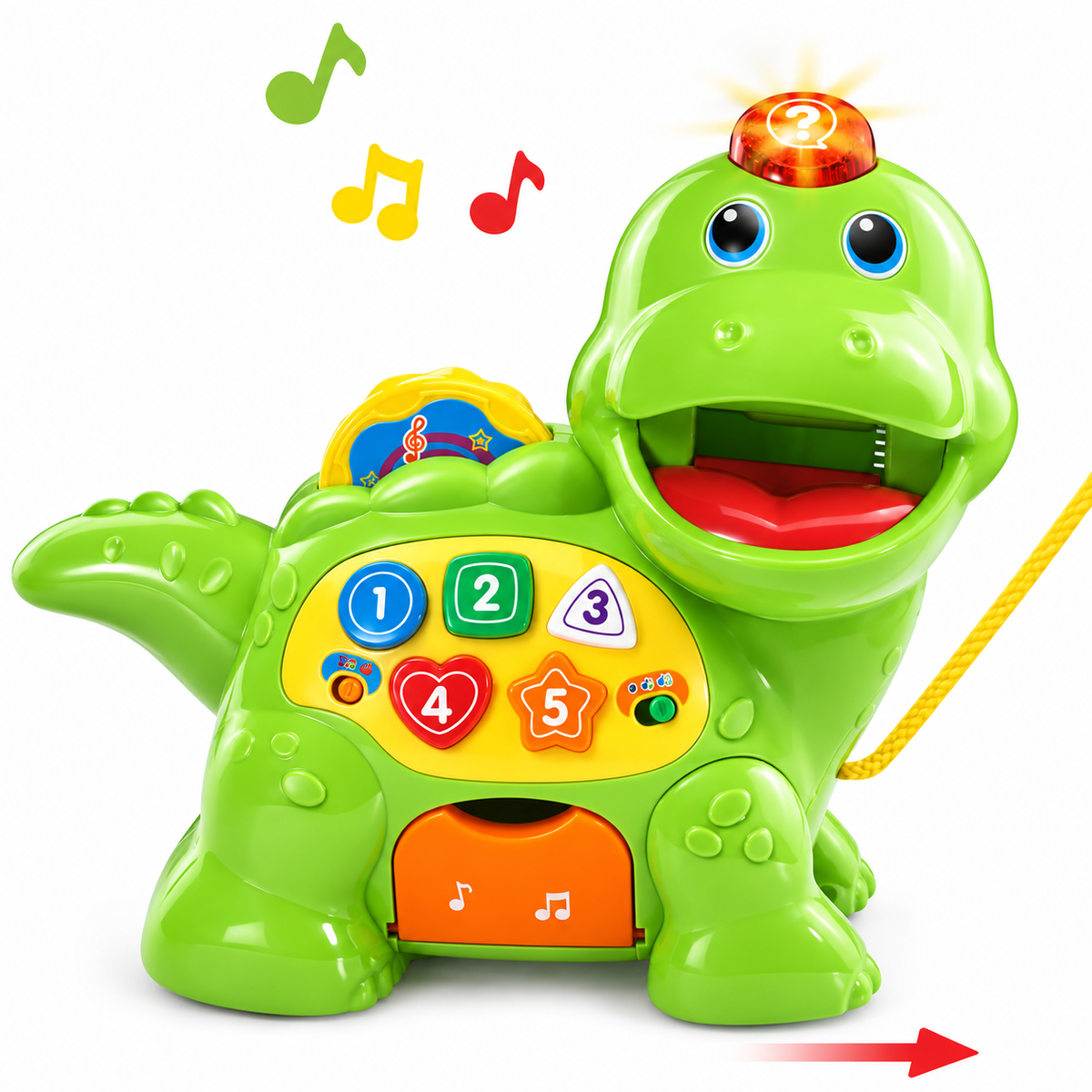Front view of the green dinosaur counting toy showing its shape and details.