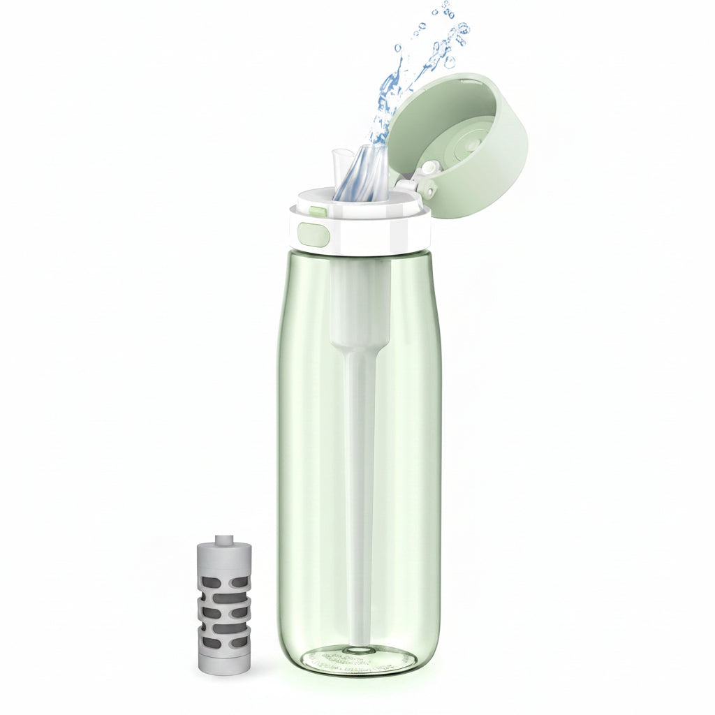 Green 22 oz water bottle with built-in filter design for daily use