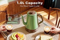Green 1.0L gooseneck electric kettle with stainless steel interior