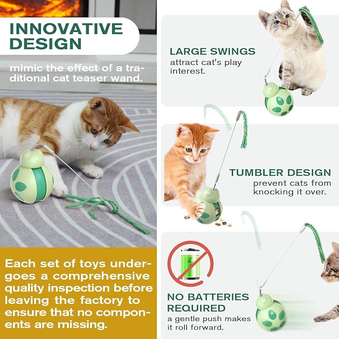Green Ladybug Cat Toy with Treat Dispenser and Rolling Ball