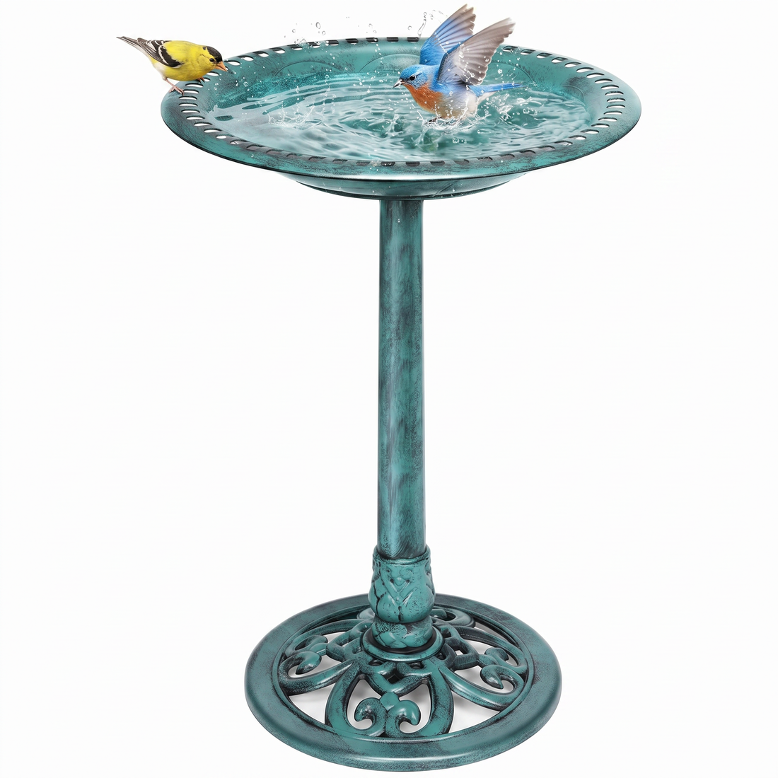 28-inch polyresin pedestal bird bath with 20-inch bowl in green