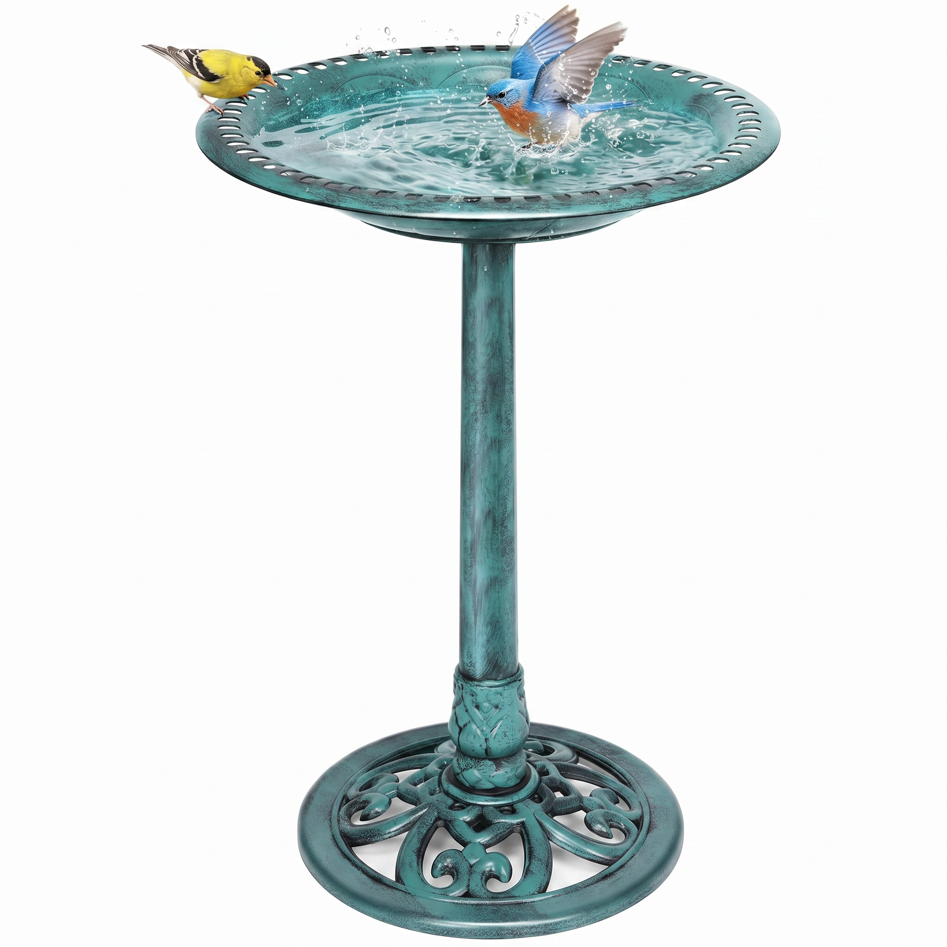 28-inch polyresin pedestal bird bath with 20-inch bowl in green
