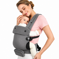 Mother holding her baby close in a grey structured front carrier