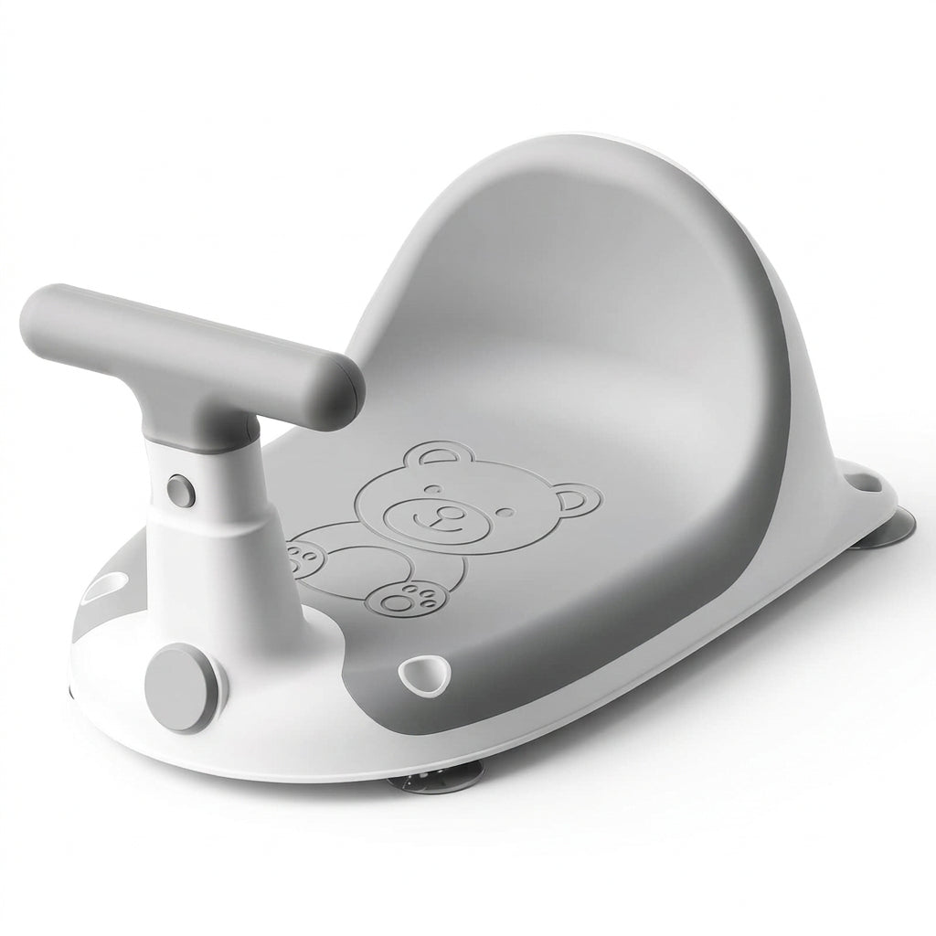 Grey baby bath seat with curved backrest, front T-shaped support handle and embossed bear design on a white background.