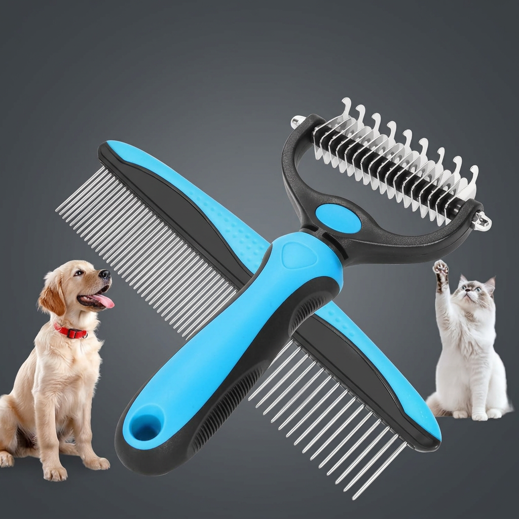 Pet Grooming Tools for Long Fur - Deshedding Brush and Metal Comb