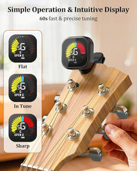 clip on tuner attached to guitar headstock for precise tuning