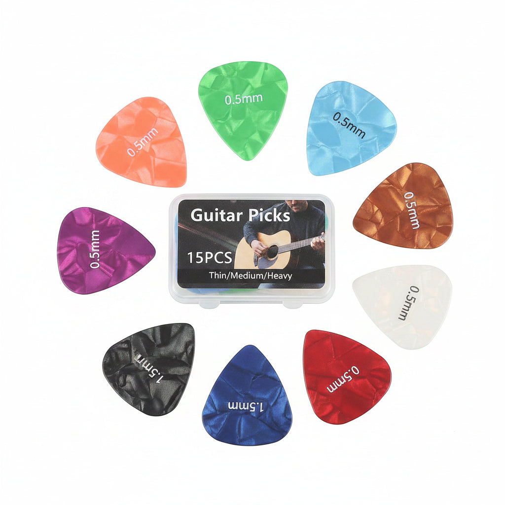 15 pack guitar picks set with assorted thickness and storage box for guitar, bass, and ukulele