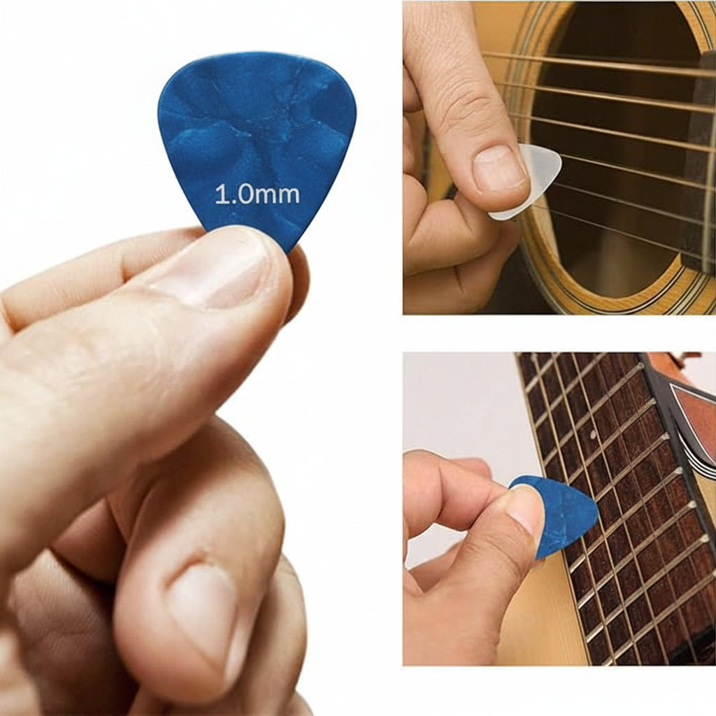 Portable guitar plectrum set with compact organizer box for easy storage and travel use