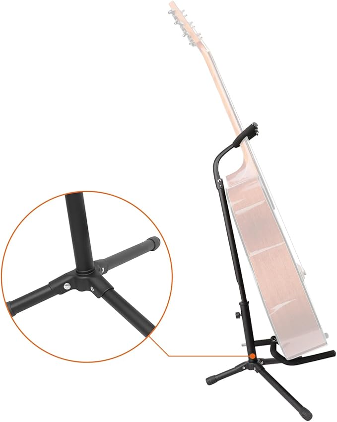 Guitar placed on height adjustable foldable stand in a music studio setting for safe storage and performance
