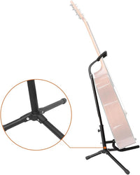 Guitar placed on height adjustable foldable stand in a music studio setting for safe storage and performance