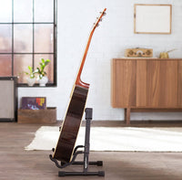Easy setup of adjustable guitar stand, ideal for home, studio, or performance use