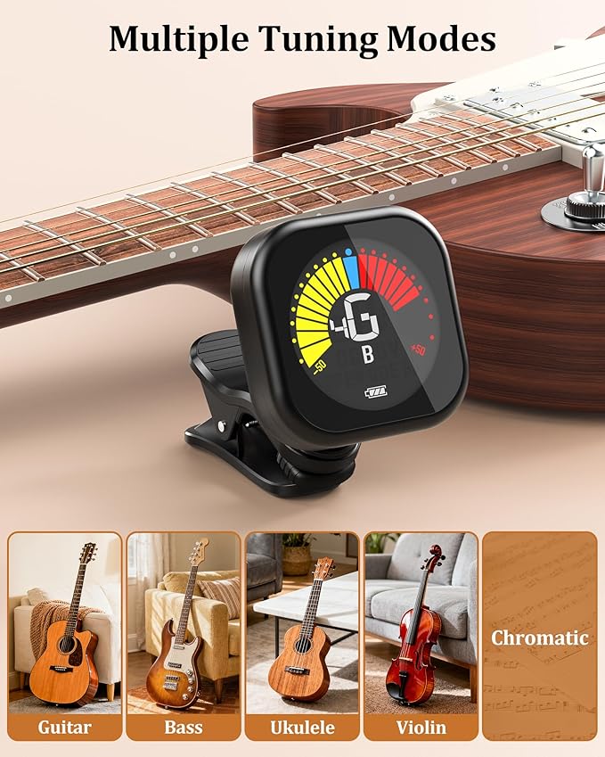 clip on guitar tuner with 360 degree rotatable screen for easy viewing