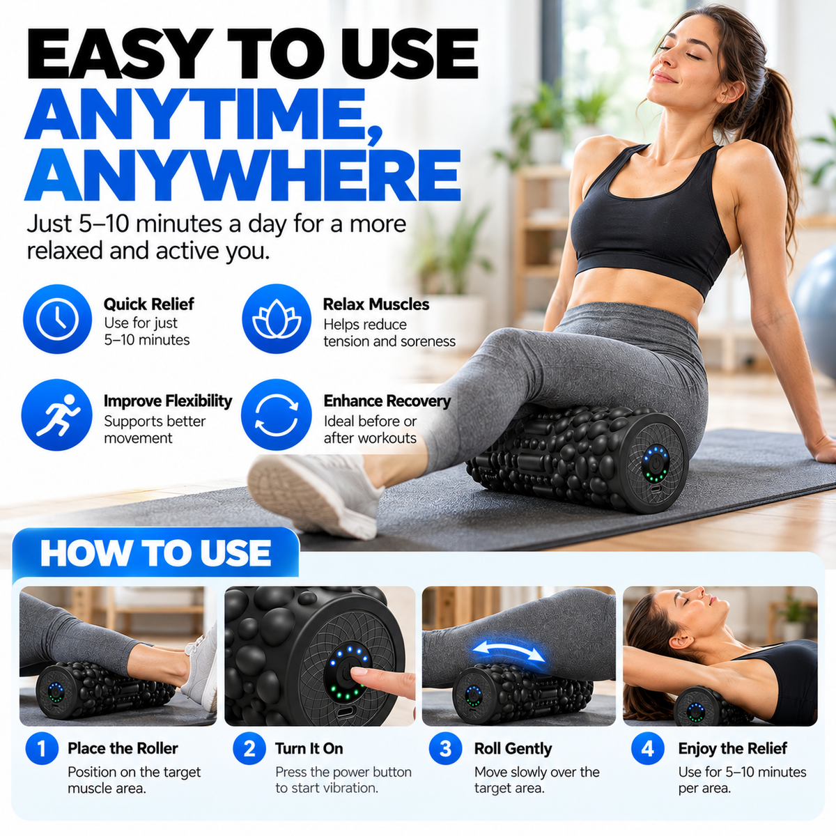 Gym roller positioned on an exercise mat for stretching routines.