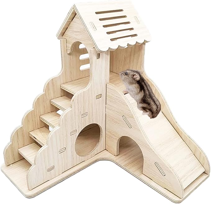 Hamster Hideout Wooden House with Ladder and Slide