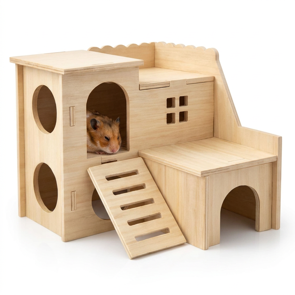 Tiny Hamster Maze Wood House Double Decker Slide Hideout