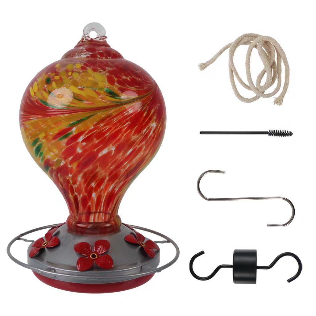 Hand blown glass bird feeder with hanging design