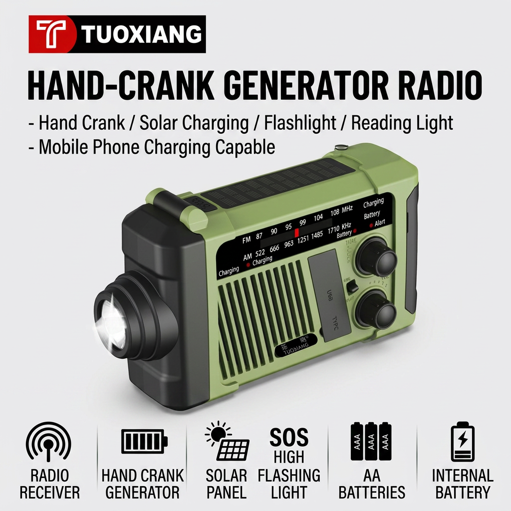 Portable hand crank weather radio with solar charging panel and emergency flashlight side angle view