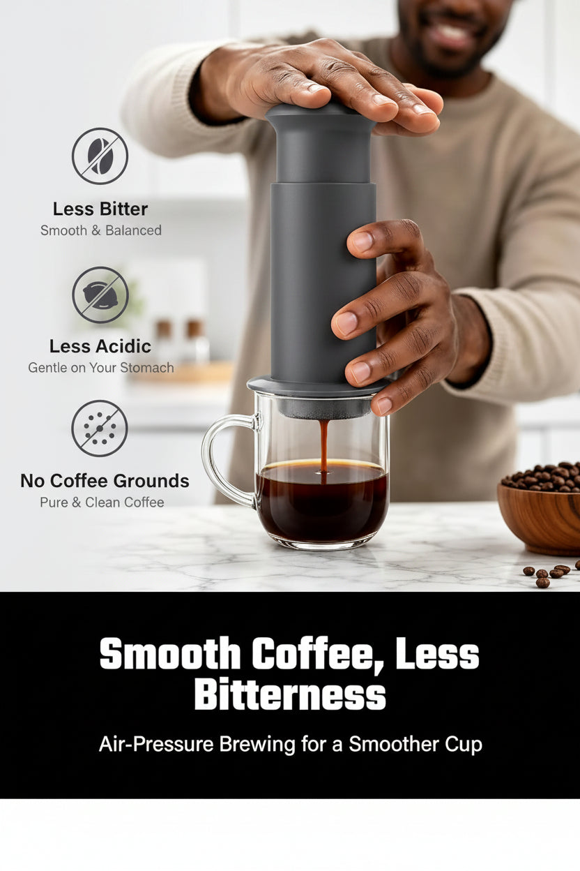 Hand press coffee maker for ground coffee preparation