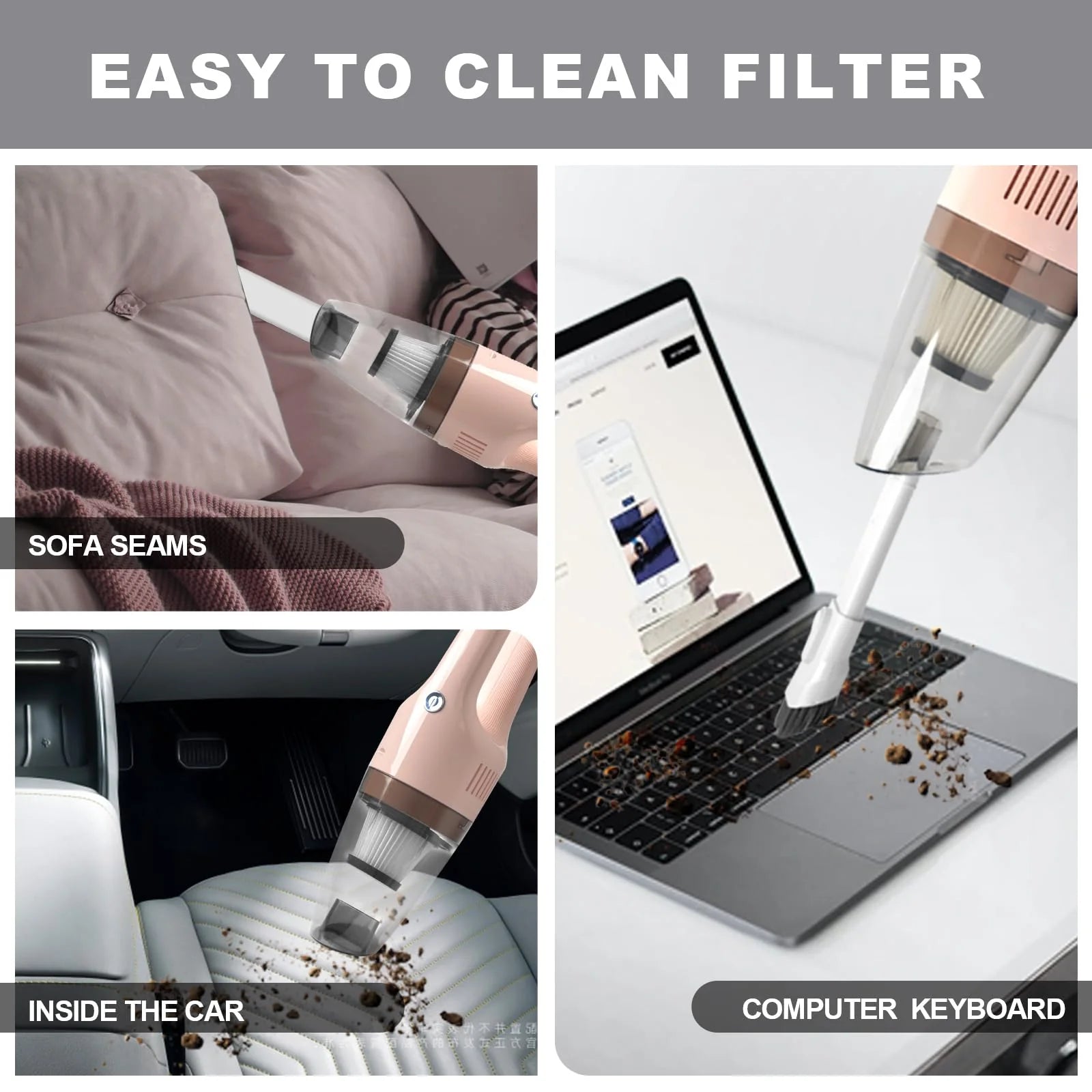 Compact handheld vacuum being used on sofa upholstery