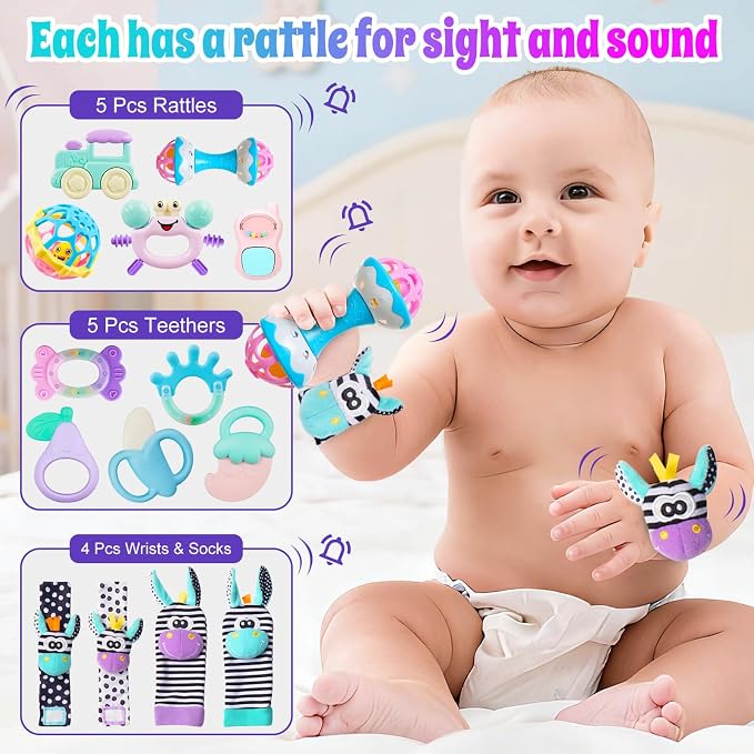 Multicoloured infant rattles featuring a ring-shaped design and a double-ended rolling toy.