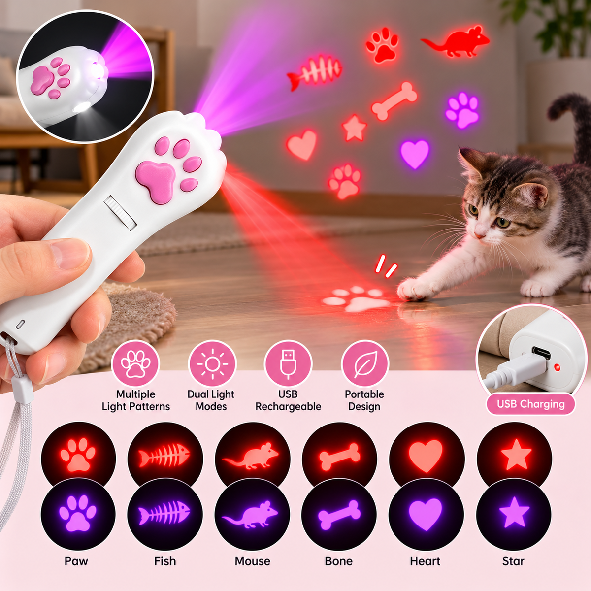 Handheld cat laser teaser with USB rechargeable battery