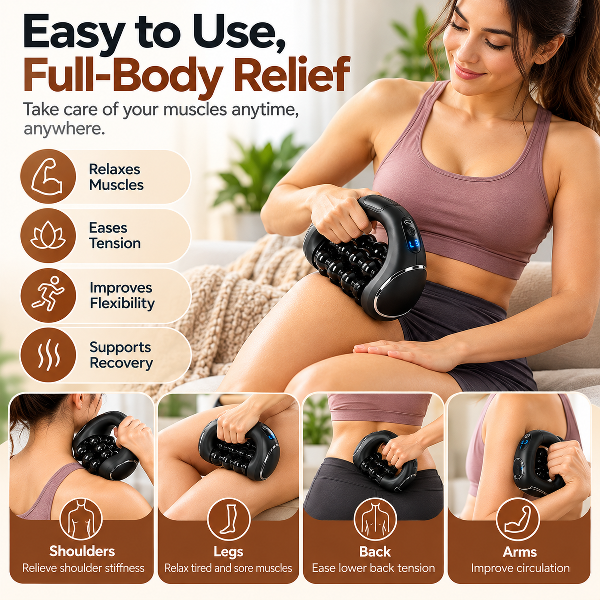 Electric fitness massage accessory displayed beside workout equipment.