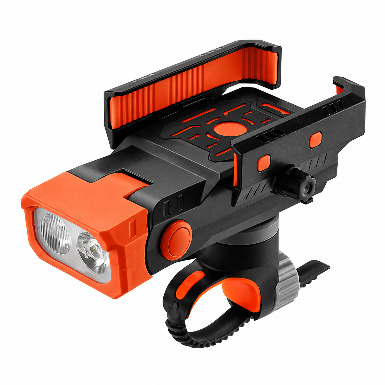 Handlebar-mounted bike light with phone holder