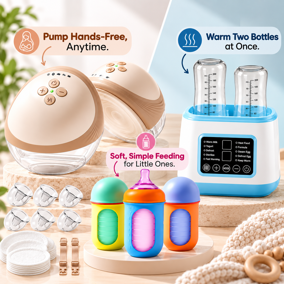 Hands-free pumping essentials displayed with baby bottle warming and feeding products