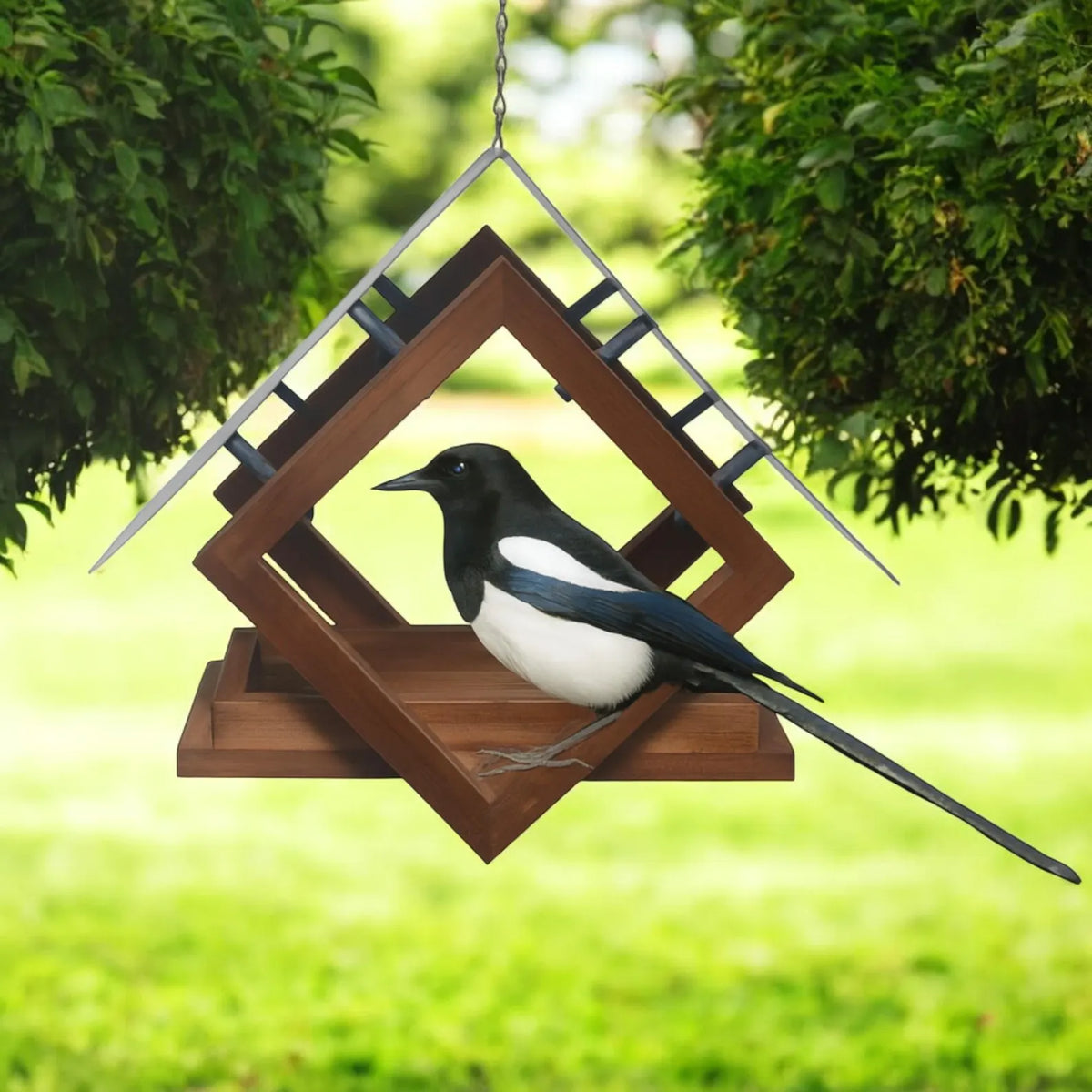 Hanging bird feeder for outdoor garden use