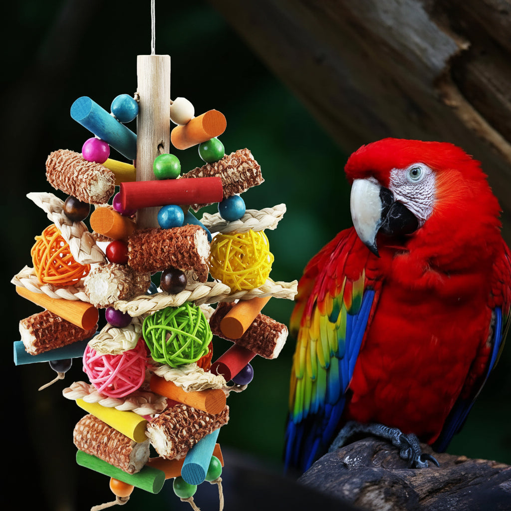 Rope hanging detail on bird cage corn stick toy