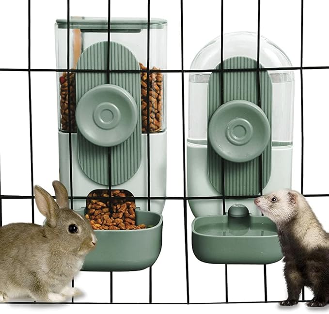 Gravity feeder hanging on cage for cats, rabbits, and small pets