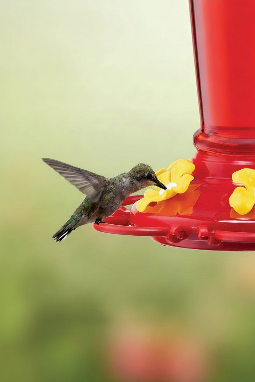 Front view of a hanging glass bird feeder