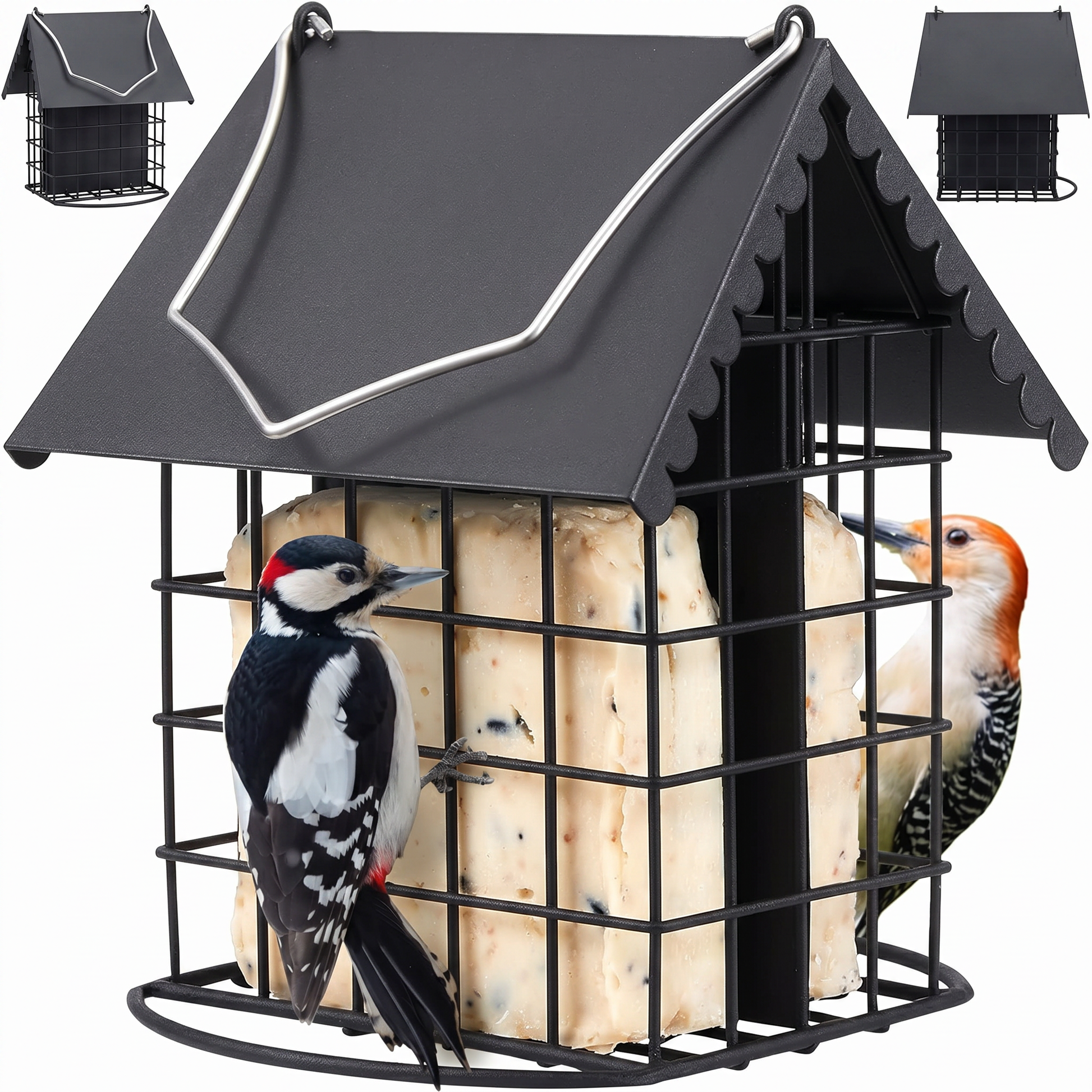 hanging outdoor bird feeder with two suet cages for backyard birds