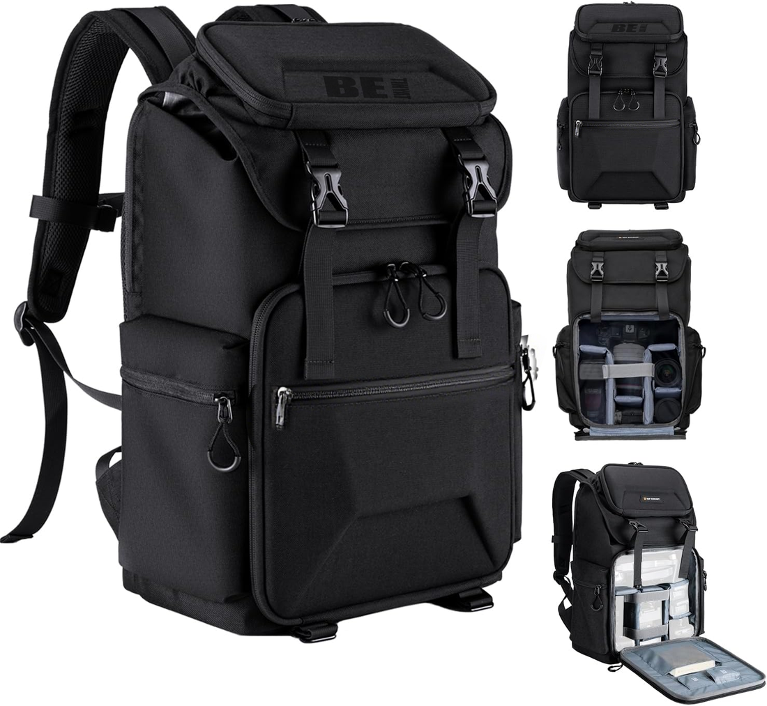 Hard shell camera backpack with 15.6-inch laptop compartment on white background