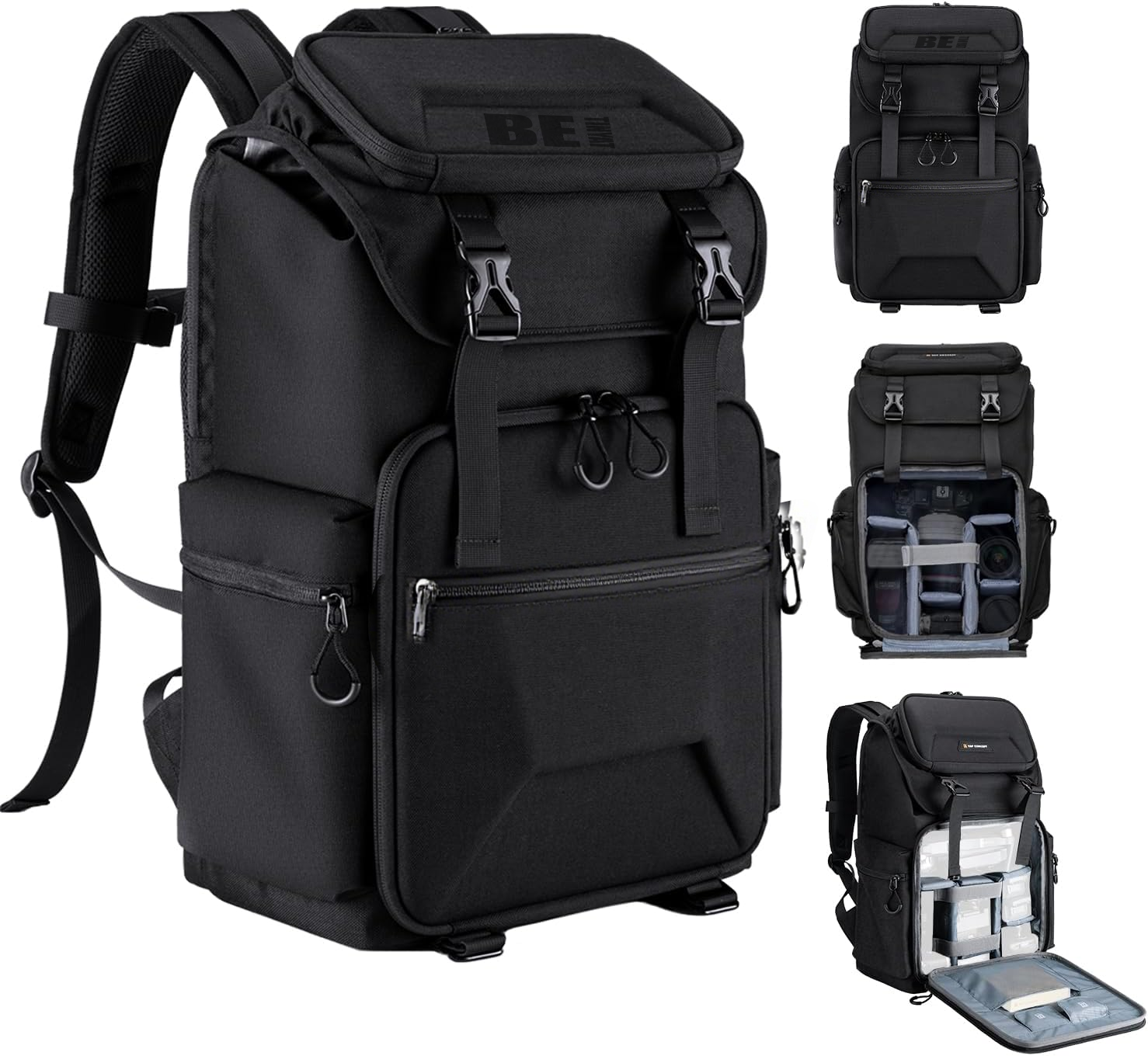 Hard shell camera backpack with 15.6-inch laptop compartment on white background