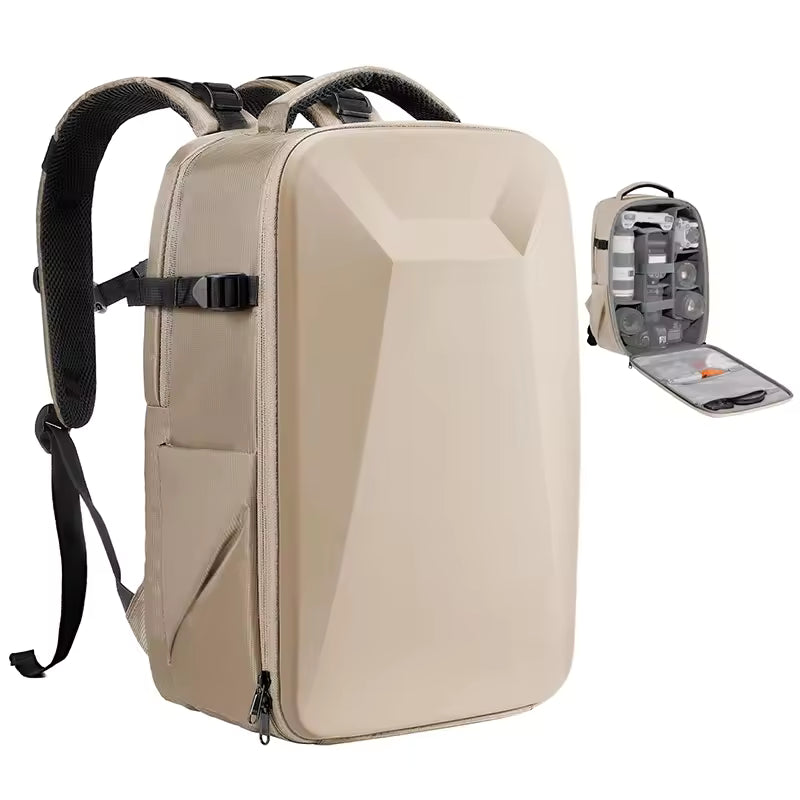 Front view of a large hardshell camera backpack with zipper compartments