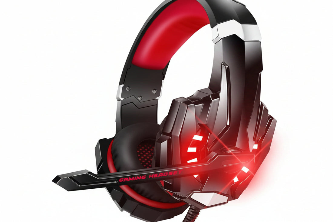 stereo pro gaming headset front view with microphone and LED lights