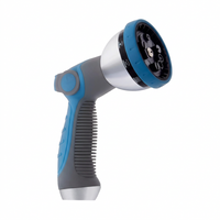 Heavy-duty garden hose nozzle with 10 spray patterns for watering and cleaning.